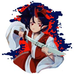 Rule 34 | 1girl, closed mouth, dungeon toaster, holding, holding sword, holding weapon, horns, japanese clothes, kimono, konngara (touhou), long hair, pointy ears, ponytail, red eyes, single horn, solo, sword, touhou, touhou (pc-98), weapon, wide sleeves