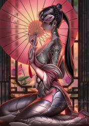 Rule 34 | 1girl, bare shoulders, black hair, braid, breasts, collarbone, commentary, earrings, english commentary, closed eyes, flower, from side, hair bun, highres, jewelry, liang xing, long hair, medium breasts, nail polish, official alternate costume, overwatch, overwatch 1, pale serpent widowmaker, parasol, parted lips, patreon username, pearl earrings, ponytail, red lips, seiza, sideboob, signature, single hair bun, sitting, skin tight, snake tattoo, solo, tattoo, taut clothes, umbrella, watermark, web address, widowmaker (overwatch), window