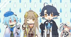Rule 34 | 2boys, 2girls, ahoge, arknights, ascot, black coat, blue ascot, blue hair, boater hat, brown hair, ceylon (arknights), coat, dress, earrings, grey dress, hair ornament, holding, holding umbrella, jewelry, leaf hair ornament, long hair, lumen (arknights), maguro kan, mizuki (arknights), muelsyse (arknights), multiple boys, multiple girls, one eye closed, parasol, pink eyes, pink hair, pointy ears, shell, shell earrings, short hair with long locks, trait connection, twintails, umbrella, very long hair, water drop, white coat, white headwear, wing ears, yellow eyes