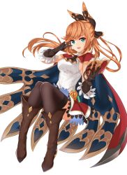 Rule 34 | 10s, 1girl, black gloves, blue eyes, book, boots, breasts, brown hair, cape, clarisse (granblue fantasy), full body, gloves, granblue fantasy, highres, isaya (pixiv4541633), long hair, looking at viewer, medium breasts, ponytail, ribbed sweater, sideboob, skirt, smile, solo, sweater, thighhighs, v, white background