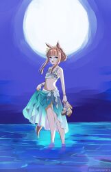 Rule 34 | 1girl, :d, absurdres, animal ears, aqua eyes, bare shoulders, bikini, blunt bangs, braid, clothes lift, crown braid, ear flower, flower, full moon, green sarong, hair flower, hair ornament, highres, horse ears, horse girl, horse tail, lifted by self, looking at viewer, moon, navel, official alternate costume, official alternate hairstyle, open mouth, orange hair, partially submerged, sandals, unworn sandals, sangria (sangria69), sarong, sarong lift, sidelocks, silence suzuka (emerald on the waves) (umamusume), silence suzuka (umamusume), skirt hold, smile, solo, stomach, swimsuit, tail, twitter username, umamusume, wading