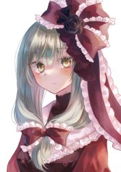 Rule 34 | 1girl, black flower, black rose, blush, closed mouth, commentary, dress, flower, frilled ribbon, frills, front ponytail, green eyes, green hair, hair ribbon, highres, kagiyama hina, long hair, looking at viewer, miyakure, red dress, red ribbon, ribbon, rose, simple background, solo, touhou, upper body, white background