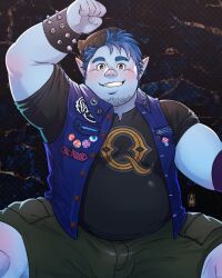 Rule 34 | 1boy, arm up, bara, barley lightfoot, belly, blue hair, blue skin, blush, bulge, colored skin, daisukebear, facial hair, fat, fat man, feet out of frame, goatee stubble, highres, large pectorals, looking at viewer, lying, male focus, mature male, on back, onward, paid reward available, pectorals, pointy ears, short hair, solo, spread legs, stubble, thick eyebrows