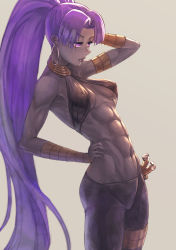 Rule 34 | 1girl, abs, absurdres, arm behind head, arm up, armlet, armpits, assassin (fate/zero), bare shoulders, black lips, black nails, black pants, black skin, bracer, breasts, breasts apart, closed mouth, collarbone, colored skin, covered erect nipples, cowboy shot, criss-cross halter, dagger, dark-skinned female, dark skin, earrings, emoshon, eyelashes, eyes visible through hair, facing away, fate/grand order, fate/zero, fate (series), female assassin (fate/zero), fingernails, groin, hair intakes, half-closed eyes, halterneck, hand on own hip, high ponytail, highres, hoop earrings, jewelry, knife, leaning, leaning back, legs together, lips, long hair, looking away, midriff, muscular, muscular female, nail polish, navel, no bra, pants, purple eyes, purple hair, sheath, sheathed, sideboob, simple background, small breasts, solo, standing, stomach, thigh strap, tsurime, underboob, very long hair, weapon