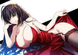 Rule 34 | 1girl, akeyama kitsune, azur lane, black garter straps, black hair, breasts, brown thighhighs, choker, cleavage, cocktail dress, commentary request, cowboy shot, dress, evening gown, garter straps, huge breasts, lace, lace-trimmed thighhighs, long hair, looking at viewer, lying, no panties, official alternate costume, on side, red choker, red dress, red eyes, smile, solo, taihou (azur lane), taihou (forbidden feast) (azur lane), thighhighs, very long hair