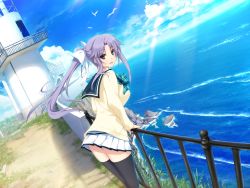Rule 34 | 1girl, animal, bird, black thighhighs, brown hair, cardigan, cloud, day, floating hair, game cg, guard rail, iizuki tasuku, light purple hair, light rays, lighthouse, long hair, long sleeves, looking at viewer, lovely x cation, lovely x cation 2, narukawa hime, non-web source, ocean, official art, open mouth, outdoors, pleated skirt, railing, skirt, sky, thighhighs, twintails, water