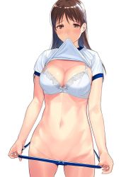 Rule 34 | 1girl, blue buruma, blush, bra, breasts, brown hair, buruma, buruma pull, closed eyes, clothes in mouth, clothes lift, clothes pull, commentary request, cowboy shot, gym shirt, lace, lace-trimmed bra, lace trim, large breasts, lifted by self, long hair, looking at viewer, mibu natsuki, mouth hold, navel, nose blush, original, red eyes, shirt, shirt in mouth, shirt lift, short sleeves, simple background, solo, stomach, straight hair, toned, underwear, white background, white bra