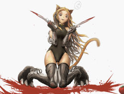 Rule 34 | 1girl, animal ears, bad id, bad pixiv id, bell, black gloves, black thighhighs, blonde hair, blood, blood on clothes, blood on face, bloody knife, brown eyes, cat ears, cat tail, crazy smile, cyborg, dual wielding, elbow gloves, fangs, gloves, holding, kneeling, knife, leotard, long hair, looking at viewer, original, pandarou, smile, solo, tail, thighhighs, tomato, very long hair