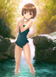 Rule 34 | 1girl, breasts, brown hair, casual one-piece swimsuit, cleavage, flat chest, forest, frilled swimsuit, frills, hair ornament, hairclip, kishida mel, nature, one-piece swimsuit, original, outdoors, river, rock, short hair, small breasts, smile, solo, standing, stream, swimsuit, tree, wading, water, yellow eyes