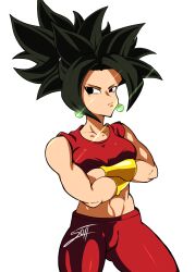 Rule 34 | 1girl, absurdres, armlet, black eyes, black hair, crop top, crossed arms, dragon ball, dragon ball super, earrings, highres, jewelry, kefla (dragon ball), pants, potara earrings, simple background, solo, sottart, spiked hair, white background