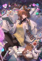 Rule 34 | 1girl, agnes tachyon (umamusume), ahoge, animal ears, artist name, beaker, black necktie, black pantyhose, black shirt, blurry, blurry foreground, blush, book, boots, breasts, brown eyes, brown hair, cake, cake slice, character name, chibi, chibi inset, clipboard, coat, collared shirt, crossed legs, cup, dated, erlenmeyer flask, flask, food, fork, happy birthday, heart, holding, holding clipboard, holding pen, horse ears, horse girl, horse tail, intravenous drip, lab coat, long sleeves, lying, medium hair, necktie, on back, on table, open mouth, pantyhose, pen, petri dish, plate, saucer, shirt, short necktie, sleeves past fingers, sleeves past wrists, small breasts, smile, solo, sugar cube, sweater, sweater vest, syringe, table, tail, teacup, test tube, test tube rack, umamusume, welchino, white coat, white footwear, yellow sweater