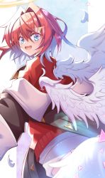 Rule 34 | 1girl, absurdres, ange katrina, ange katrina (1st costume), blue eyes, halo, highres, looking back, multiple wings, nijisanji, open mouth, papa-kun (destiny549-2), red hair, short hair, smile, solo, triangle hair ornament, virtual youtuber, wings