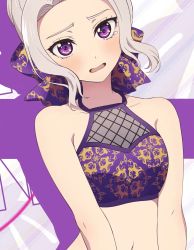 Rule 34 | 1girl, belly, bikini, bikini top only, blush, breasts, collarbone, crop top, crying, crying with eyes open, grey hair, highres, kanojo mo kanojo, kiryuu shino, looking at viewer, midriff, navel, nervous, official art, purple eyes, solo, swimsuit, tears