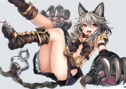 Rule 34 | 10s, 1girl, animal ears, black skirt, boots, brown footwear, claw (weapon), claws, collar, erune, fangs, granblue fantasy, grey background, hair between eyes, kaida michi, legs up, long hair, looking at viewer, miniskirt, navel, open mouth, pleated skirt, red eyes, sen (granblue fantasy), silver hair, simple background, skirt, solo, teeth, weapon