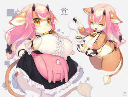 Rule 34 | 1girl, animal ears, animal print, bag, bell, bikini, black skirt, breasts, cleavage, clothes lift, collar, cow ears, cow girl, cow horns, cow print, cow tail, cup, detached sleeves, closed eyes, furry, furry female, highres, horns, kishibe, large breasts, lifted by self, long hair, milk, momo (kishibe), original, pink hair, plump, pouring, print bikini, saucer, shirt, shortstack, side-tie bikini bottom, skirt, skirt lift, smile, solo, swimsuit, tail, taut clothes, taut shirt, tea, teacup, thick thighs, thighhighs, thighs, white shirt, white sleeves, white thighhighs, yellow eyes