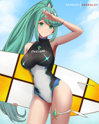 Rule 34 | 1girl, aqua eyes, aqua hair, armpits, arms up, artist name, bare arms, bare shoulders, blue sky, blush, breasts, character name, closed mouth, clothes writing, collarbone, competition swimsuit, contrapposto, cowboy shot, dakkalot, day, earrings, female focus, gem, holding, jewelry, large breasts, long hair, looking at viewer, matching hair/eyes, nintendo, one-piece swimsuit, outdoors, patreon username, pneuma (xenoblade), ponytail, salute, sky, smile, solo, spoilers, surfboard, swimsuit, tiara, two-tone swimsuit, very long hair, xenoblade chronicles (series), xenoblade chronicles 2