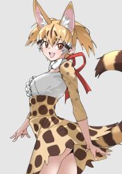 Rule 34 | 1girl, :d, absurdres, animal ear fluff, animal ears, blonde hair, bow, bowtie, brown eyes, center frills, commentary, extra ears, frills, from side, grey background, hair between eyes, high-waist skirt, highres, kemono friends, large-spotted genet (kemono friends), long sleeves, looking at viewer, multicolored hair, open clothes, open mouth, print skirt, simple background, skirt, smile, solo, striped tail, tail, tanabe (fueisei), white bow, white bowtie