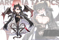 Rule 34 | 1girl, absurdres, apple caramel, bat wings, black dress, black hair, blush, breasts, character request, copyright request, dress, high heels, highres, horns, large breasts, long hair, mole, mole on breast, official art, open mouth, pantyhose, red eyes, smile, striped clothes, striped pantyhose, twintails, vampire, vertical-striped clothes, vertical-striped pantyhose, very long hair, wings