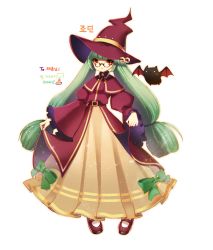 Rule 34 | 00s, 10s, 1girl, 2014, bat (animal), bettols, bow, brown eyes, coat, dress, dungeon and fighter, full body, glasses, green hair, hat, highres, korean text, long hair, low-tied long hair, mage (dungeon and fighter), pince-nez, shoes, smile, solo, standing, transparent background, twintails, very long hair, white background, witch hat, yellow dress