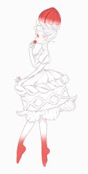 Rule 34 | 1girl, cake, dress, earrings, food, freckles, from side, fruit, full body, gradient hair, gradient legwear, holding, holding food, holding fruit, jewelry, maruco, multicolored hair, no shoes, original, pantyhose, plantar flexion, profile, puffy short sleeves, puffy sleeves, red eyes, red hair, short sleeves, solo, standing, standing on one leg, strawberry, strawberry shortcake, stud earrings, tiptoes, two-tone hair, updo, white dress, white hair