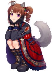 Rule 34 | 1girl, ahoge, animal ears, black footwear, black gloves, black shirt, boots, brown hair, closed mouth, commentary, cross-laced footwear, dog ears, dress, drill hair, frilled dress, frilled sleeves, frills, gloves, hair ribbon, hands on own face, highres, idol, idolmaster, idolmaster million live!, kamille (vcx68), lace-up boots, long sleeves, looking at viewer, medium dress, medium hair, purple eyes, red dress, ribbon, shirt, side drill, side ponytail, sidelocks, simple background, smile, solo, squatting, tail, white background, wolf ears, wolf tail, yokoyama nao