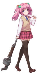 Rule 34 | 1girl, amamine saki, artist request, black thighhighs, blue eyes, bullet girls, candy, character request, food, full body, gun, hair ornament, holding, loafers, lollipop, long hair, long sleeves, necktie, official art, pink hair, plaid, plaid skirt, pleated skirt, purple eyes, school uniform, shoes, simple background, skirt, solo, sweater vest, swirl lollipop, thighhighs, tongue, tongue out, twintails, vest, weapon, white background