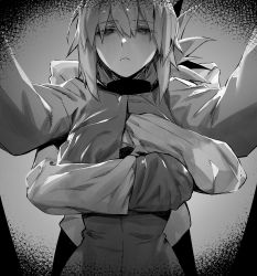 Rule 34 | 1boy, 1girl, absurdres, braid, braided ponytail, breasts, fate/grand order, fate (series), florence nightingale (fate), folded ponytail, fujimaru ritsuka (male), grabbing, grabbing another&#039;s breast, greyscale, groping, hand under clothes, highres, hxd, jacket, large breasts, long hair, long sleeves, military jacket, monochrome, narrowed eyes