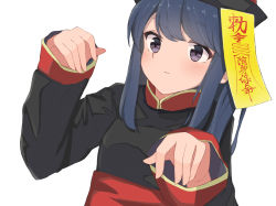Rule 34 | 1girl, blue hair, blush, china dress, chinese clothes, closed mouth, commentary, dress, ghost pose, halloween, halloween costume, hands up, hat, jiangshi costume, long hair, long sleeves, looking at viewer, nyagonya21, ofuda, purple eyes, shima rin, simple background, sleeves past wrists, solo, translation request, upper body, white background, wide sleeves, yurucamp