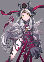 1girl absurdres angel angel_wings animal_ears animal_hands bound bound_arms claws commentary_request extra_eyes extra_mouth fallen_angel feathered_wings grey_background halo highres horns izayoi_cha long_hair looking_at_viewer monster_girl multiple_wings original red_ribbon ribbon seraph simple_background solo tail third_eye very_long_hair white_hair wings yellow_eyes