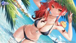 Rule 34 | 1girl, armpits, arms up, azur lane, bare arms, bare shoulders, beach, bikini, bird, black bikini, breasts, chick, cleavage, collarbone, day, dutch angle, goggles, goggles on head, grin, halterneck, highres, jewelry, large breasts, leaf, long hair, looking at viewer, manjuu (azur lane), multi-strapped bikini, navel, necklace, o-ring, o-ring bikini, ocean, official art, orange eyes, outdoors, parted lips, red hair, satchely, side ponytail, smile, solo, standing, stomach, string bikini, swimsuit, thighs, wading, water, wet, zara (azur lane), zara (poolside coincidence) (azur lane)
