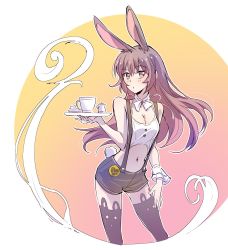 Rule 34 | 1girl, animal ears, bare shoulders, blush, bow, bowtie, breasts, brown eyes, brown hair, rabbit ears, rabbit tail, buttons, cleavage, commentary request, cream, cup, iesupa, long hair, looking at viewer, medium breasts, navel, rabbit girl, rwby, shorts, solo, standing, sugar cube, suspender shorts, suspenders, tail, teacup, tray, velvet scarlatina, waitress
