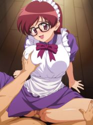 Rule 34 | 1boy, 1girl, absurdres, ai yori aoshi, apron, blush, breasts, brown hair, censored, clothed female nude male, clothed sex, clothing aside, female pubic hair, glasses, grabbing, grabbing another&#039;s breast, highres, large breasts, long hair, maid, maid headdress, male pubic hair, minazuki taeko, mosaic censoring, nude, open mouth, panties, panties aside, penis, pink panties, ponytail, pov, pubic hair, smile, underwear, unknown showhey, white apron