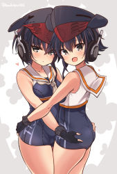 Rule 34 | 10s, 2girls, ass, ass grab, asymmetrical hair, black hair, brown eyes, cowboy shot, framed breasts, gloves, hair between eyes, hat, headphones, highres, hug, i-13 (kancolle), i-14 (kancolle), kantai collection, looking at viewer, multiple girls, open mouth, partially fingerless gloves, sailor collar, school swimsuit, short hair, siblings, simple background, single glove, sisters, suzuki toto, swimsuit, thighs, white background, yuri