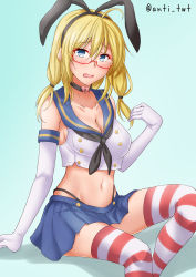 Rule 34 | 1girl, animal ears, anti (untea9), black neckerchief, blonde hair, blue eyes, blue sailor collar, blue skirt, blush, breasts, cleavage, commentary request, cosplay, crop top, detached sleeves, elbow gloves, fake animal ears, glasses, gloves, green background, highres, i-8 (kancolle), kantai collection, large breasts, medium hair, navel, neckerchief, open mouth, panties, pleated skirt, rabbit ears, red-framed eyewear, sailor collar, school uniform, semi-rimless eyewear, serafuku, shimakaze (kancolle), shimakaze (kancolle) (cosplay), shirt, sitting, skirt, solo, stomach, striped clothes, striped panties, striped thighhighs, sweatdrop, thighhighs, twintails, twitter username, underwear, uniform, white gloves, white shirt
