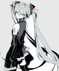 Rule 34 | 1girl, absurdres, arm tattoo, black shirt, black skirt, black sleeves, black thighhighs, closed mouth, detached sleeves, grey background, hair between eyes, hair ornament, hatsune miku, higa423, highres, long hair, looking at viewer, pleated skirt, shirt, simple background, skirt, sleeveless, sleeveless shirt, sleeves past fingers, sleeves past wrists, solo, tattoo, thighhighs, twintails, very long hair, vocaloid