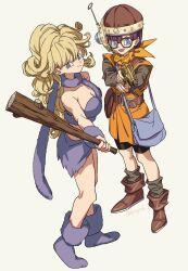 Rule 34 | 2girls, antennae, ayla (chrono trigger), bag, bare shoulders, belt, belt buckle, bike shorts, black shorts, blonde hair, blue eyes, blunt bangs, blunt ends, boots, breasts, brown belt, brown footwear, buckle, cavewoman, chrono trigger, cleavage, closed mouth, curly hair, fighting stance, full body, fur boots, fur scarf, fur shawl, fur skirt, fur wrist cuffs, furrowed brow, glasses, grey eyes, grey footwear, grey scarf, grey shirt, grey skirt, grey socks, grey wrist cuffs, gun, headset, helmet, holding, holding club, holding gun, holding weapon, hosodayo, long hair, long sleeves, looking at viewer, lucca ashtear, medium breasts, miniskirt, multiple girls, neckerchief, open mouth, orange neckerchief, orange tunic, purple hair, scarf, shawl, shirt, short hair, shorts, shoulder bag, skirt, smile, socks, standing, strapless, torn clothes, torn skirt, tube top, weapon