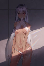 Rule 34 | 1girl, absurdres, against wall, altera (fate), bare arms, bare shoulders, blush, breasts, breasts apart, camisole, closed mouth, contrapposto, covered erect nipples, dark-skinned female, dark skin, fate/grand order, fate (series), frown, hair between eyes, hand on own hip, highres, legs apart, lens flare, lifted by self, light, looking at viewer, medium breasts, mouth hold, navel, panties, red eyes, see-through, shiny skin, short hair, sidelocks, skindentation, solo, standing, stomach, strap slip, sweat, tattoo, ten no hoshi, thighs, underboob, underwear, veil, white panties