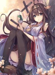 Rule 34 | 1girl, ahoge, bare shoulders, blue eyes, blush, boots, breasts, brown hair, canister, detached sleeves, double bun, fal maro, flower, hairband, headgear, japanese clothes, kantai collection, kongou (kancolle), large breasts, long hair, looking at viewer, nontraditional miko, parted lips, petals, ribbon-trimmed sleeves, ribbon trim, sitting, skirt, solo, thigh boots, thighhighs, tree