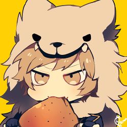 Rule 34 | 10s, 1boy, bad id, bad twitter id, berserker (granblue fantasy), boned meat, brown eyes, brown hair, chibi, eating, food, gran (granblue fantasy), granblue fantasy, lowres, male focus, meat, signature, simple background, smile, solo, upper body, yellow background