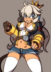 Rule 34 | 1girl, average-hanzo, belt, blazblue, blouse, breasts, bullet (blazblue), cleavage, crossover, crown, dark-skinned female, dark skin, denim, denim shorts, fingerless gloves, flat color, gloves, jacket, jaggy lines, jewelry, large breasts, long hair, mario (series), micro shorts, name connection, navel, necklace, new super mario bros. u deluxe, nintendo, scar, shirt, short shorts, shorts, skindentation, solo, standing, super crown, thighhighs, white hair, white shirt, white thighhighs, yellow eyes
