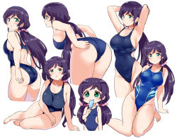 Rule 34 | 1girl, adjusting clothes, adjusting swimsuit, armpits, arms up, ass, bare arms, bare legs, bare shoulders, barefoot, bent over, blue one-piece swimsuit, breasts, competition swimsuit, cropped legs, eating, food, green eyes, hair ornament, hair scrunchie, holding, holding food, kurokawa makoto, large breasts, long hair, looking at viewer, love live!, love live! school idol project, low twintails, multiple views, one-piece swimsuit, pink scrunchie, popsicle, purple hair, scrunchie, simple background, sitting, standing, swimsuit, tojo nozomi, twintails, white background