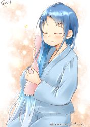 Rule 34 | 10s, 1girl, alternate costume, blue hair, blush, closed eyes, collarbone, drying, drying hair, gradient hair, highres, holding, holding towel, kantai collection, long hair, long sleeves, mae (maesanpicture), multicolored hair, musical note, numbered, pajamas, pants, pink towel, quaver, samidare (kancolle), sitting, smile, solo, swept bangs, towel, twitter username, very long hair