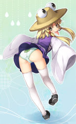 Rule 34 | 1girl, animal print, ass, black footwear, blonde hair, chima q, frog print, full body, green panties, grey eyes, hair ribbon, hat, highres, leaning forward, long tongue, looking at viewer, miniskirt, moriya suwako, panties, print panties, purple skirt, red ribbon, ribbon, shoes, short hair with long locks, sidelocks, skirt, sleeves past wrists, smile, solo, thighhighs, tongue, tongue out, touhou, trefoil, underwear, vest, white thighhighs, wide sleeves