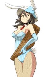 Rule 34 | 10s, 1girl, alternate costume, animal ears, aono3, aqua gloves, aqua leotard, ascot, blue hat, breasts, brown eyes, brown hair, cleavage, closed mouth, cowboy shot, detached collar, elbow gloves, fake animal ears, fake tail, fishnet pantyhose, fishnets, girls und panzer, gloves, hat, highres, holding, holding instrument, instrument, kantele, leotard, long hair, looking at viewer, medium breasts, mika (girls und panzer), pantyhose, playboy bunny, rabbit ears, rabbit tail, simple background, smile, solo, standing, strapless, strapless leotard, striped, tail, vertical stripes, white background