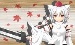 Rule 34 | 1girl, animal ears, baia, colorized, detached sleeves, female focus, grey hair, hat, inubashiri momiji, leaf, looking at viewer, red eyes, solo, sword, tail, tokin hat, touhou, weapon, wolf ears, wolf tail
