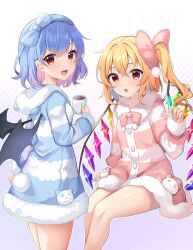 Rule 34 | 2girls, :o, absurdres, bare legs, bat wings, blonde hair, blue hair, blue hairband, blue pajamas, bow, buttons, coffee mug, cup, flandre scarlet, fluff, hair bow, hairband, highres, holding, holding cup, hood, hooded pajamas, mug, multiple girls, pajamas, panda, pink bow, pink pajamas, red eyes, remilia scarlet, ruhika, short hair, side ponytail, smile, striped clothes, striped pajamas, touhou, wings