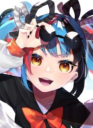 Rule 34 | 1girl, absurdres, bow, eyewear lift, eyewear on head, fate/grand order, fate (series), highres, kappa mame, multicolored hair, nail polish, sei shounagon (fate), smile, solo, sparkle, sunglasses, sunglasses on head, teeth, twintails, upper teeth only, yellow eyes