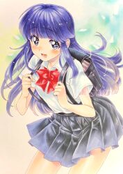 1girl backpack bag black_skirt blunt_bangs blush furude_rika hachi78b highres higurashi_no_naku_koro_ni long_hair looking_at_viewer open_mouth purple_eyes purple_hair ribbon school_uniform shirt skirt smile solo suspenders