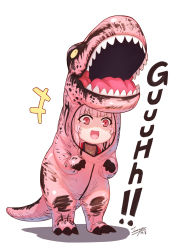 Rule 34 | +++, 1girl, :d, animal costume, blush stickers, commentary, dated, dinosaur costume, english commentary, full body, highres, hololive, hololive english, jacket, mori calliope, open mouth, pink hair, red eyes, red jacket, shaded face, sharp teeth, signature, smile, solo, standing, tama yu, teeth, v-shaped eyebrows, virtual youtuber, white background