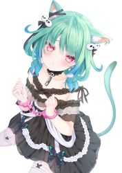 Rule 34 | 1girl, animal ear fluff, animal ears, black dress, blue hair, cat ears, cat girl, cat tail, collarbone, commentary request, cuffs, dress, ear piercing, frilled dress, frilled thighhighs, frills, garter straps, gradient hair, green hair, handcuffs, highres, hololive, looking at viewer, multicolored hair, off shoulder, parted lips, piercing, red eyes, sakura yunuto, simple background, sitting, solo, tail, thighhighs, uruha rushia, uruha rushia (3rd costume), virtual youtuber, white background, white thighhighs
